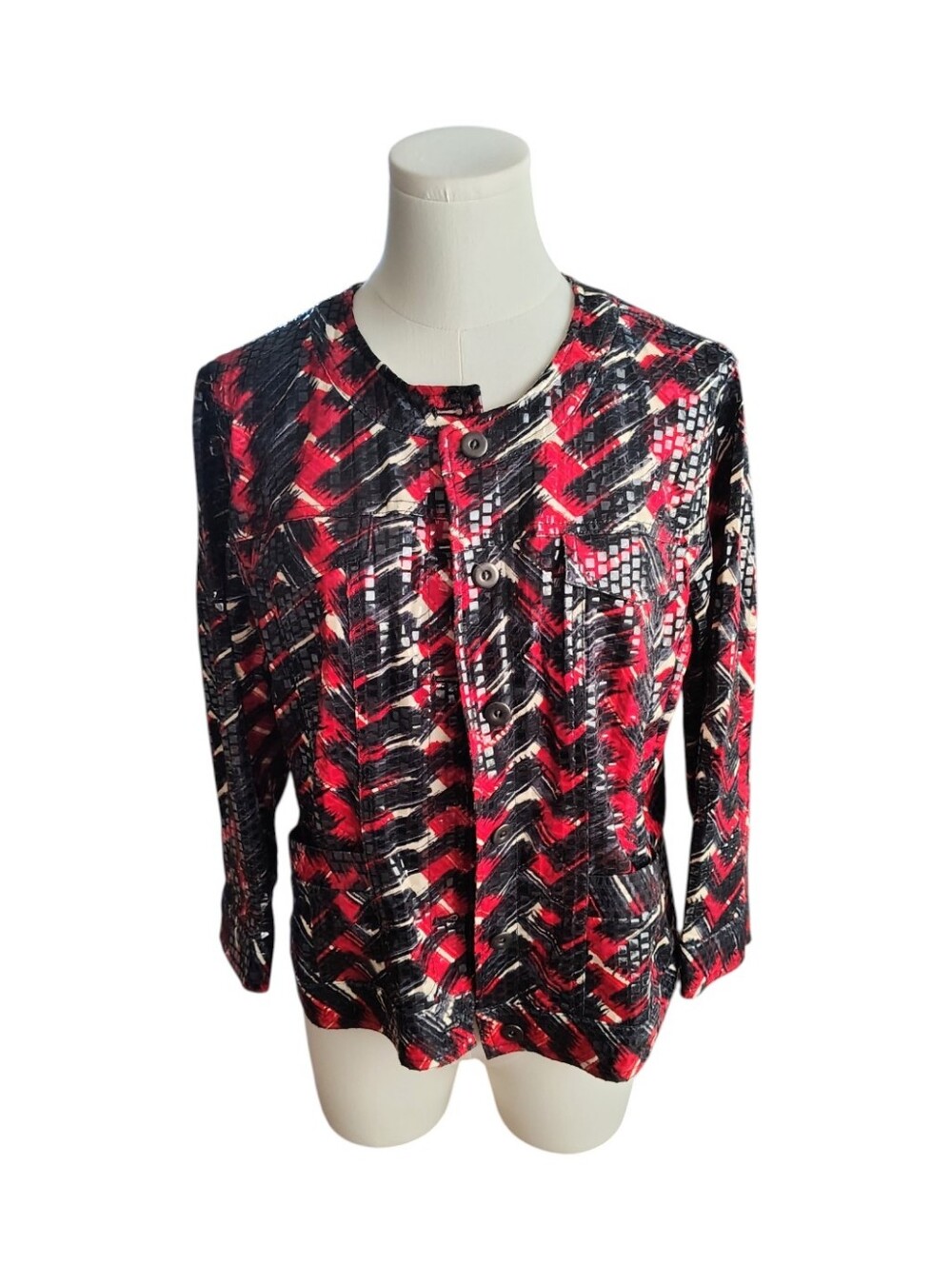 EUC Ruby Rd. Shiny Chevron Red and Black Abstract Geometric Jacket Size 12